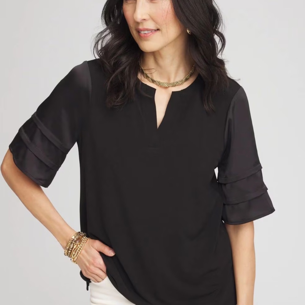 NWT Chico’s Silky Smooth Black Notch Neck Jersey Knit Top Sz 2 Large